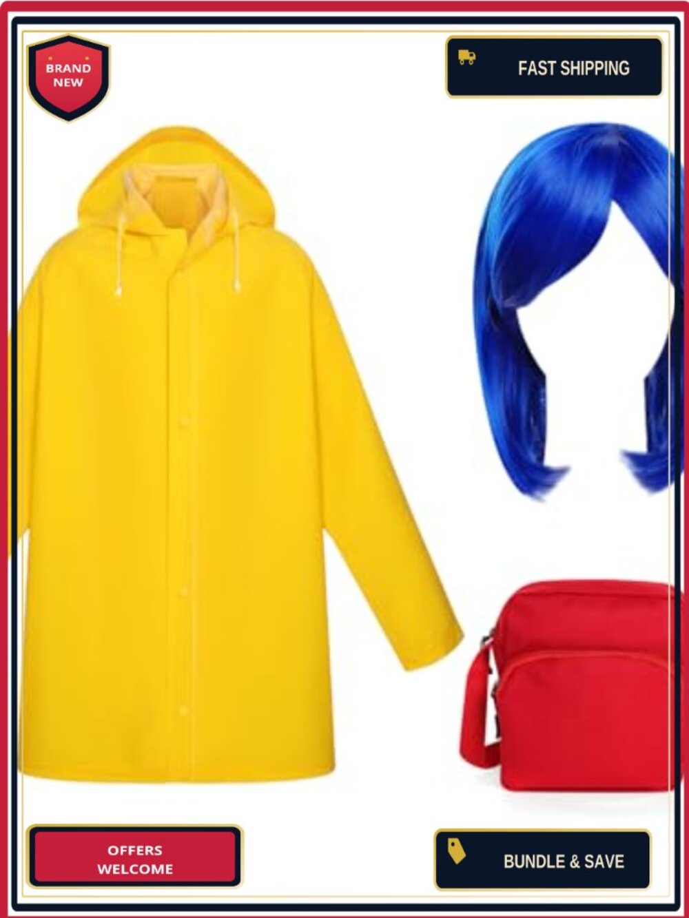Women's Yellow Raincoat with Detachable Hood Costume Accessory Set